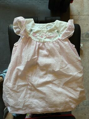 Bayou Blanks He Is Risen Pink and White Embroidered Seersucker Dress